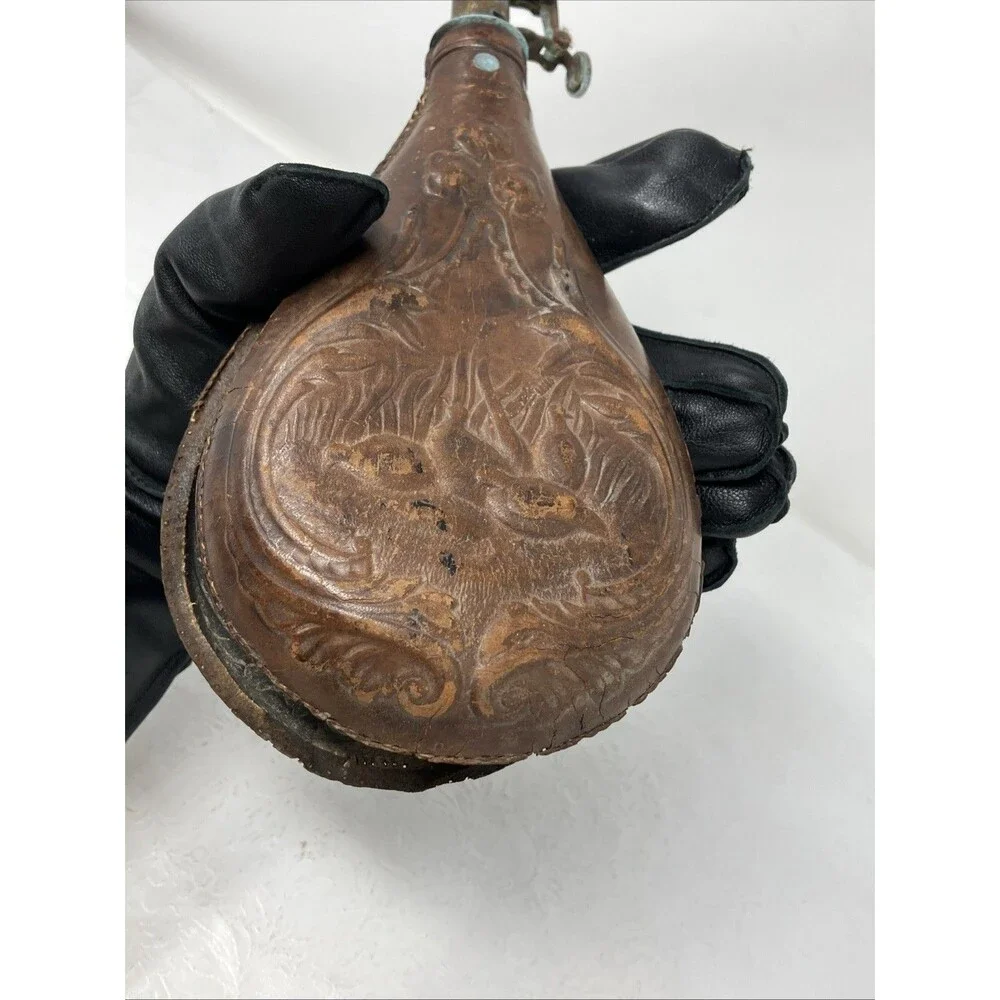 Antique Leather Gunpowder Pouch FLAWED Quail Pheasant Design w metal top VTG
